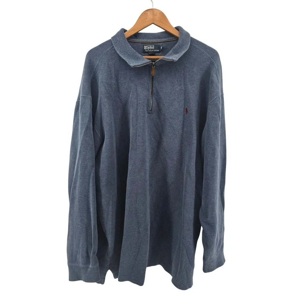 Polo Ralph Lauren Quarter Zip Mens 2XLT Blue Cotton Pullover Sweater Pony Logo